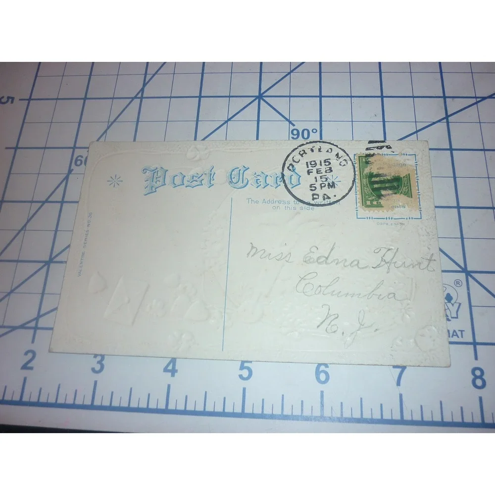 1915 Antique Valentine Postcard Cupid Cherub Wheelbarrow Embossed 1c Stamp